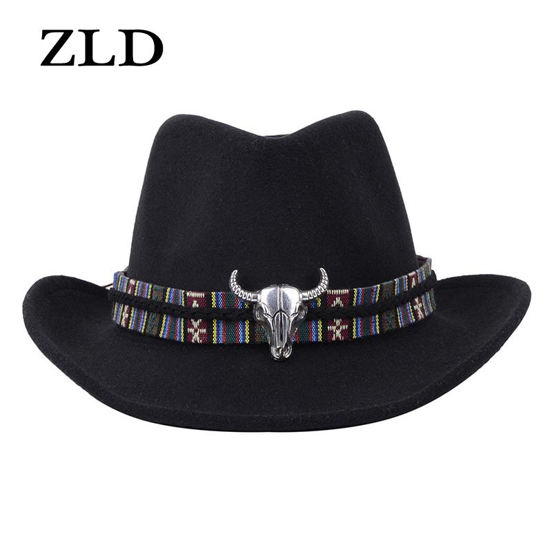 

ZLD Autumn Winter new men women felt Fedoras hat fashion Cow head decoration Ethnic style caps Cowboy hats Outdoor ladies cap