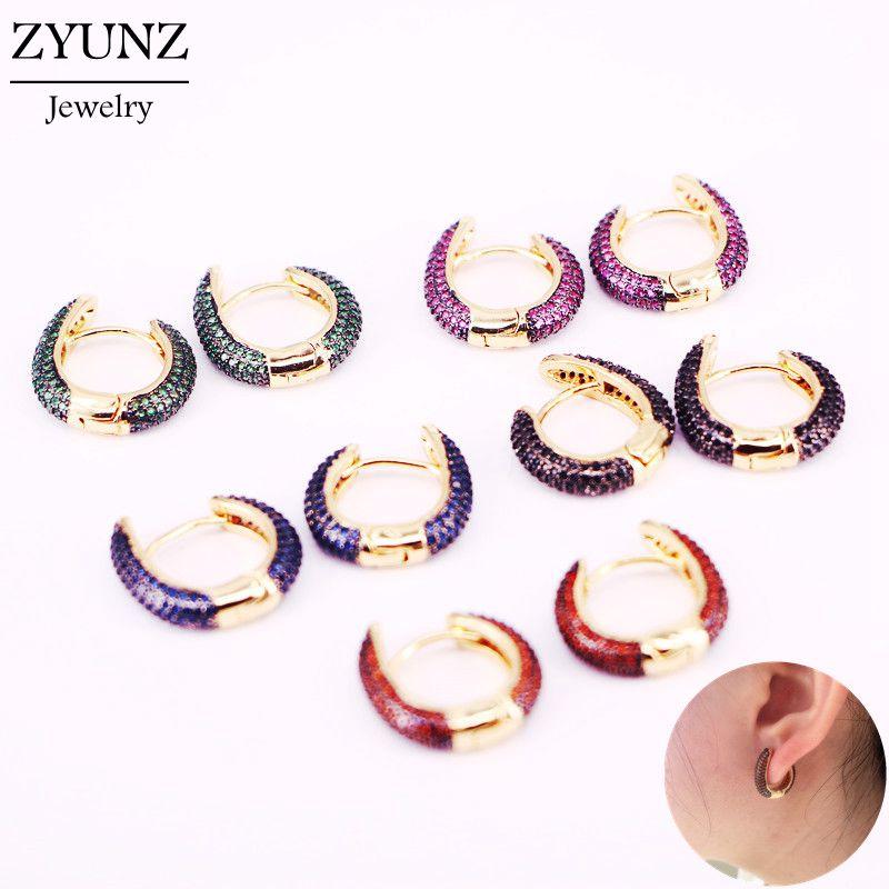 

4 Pairs, New copper earring Multi-color cubic zircon round earrings for women / girls fashion party jewelry hoop earring gifts