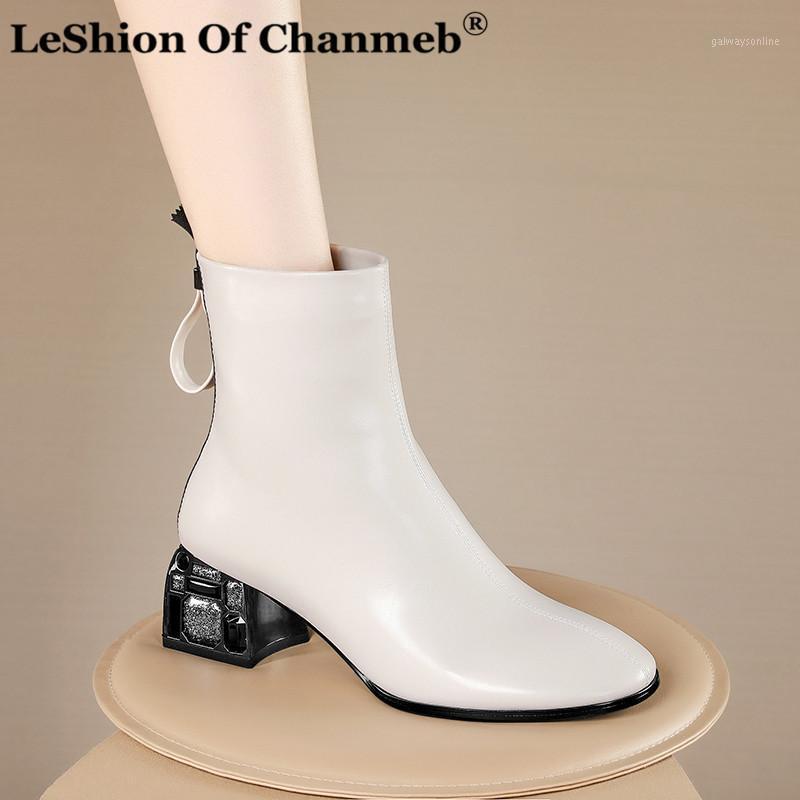 

Sheep Leather Shoes Women Ankle Boots Autumn Thick Crystal High Heel Female Boots Zip Winter Handmade Sheep Skin Shoe Boot White1, Black no plush in