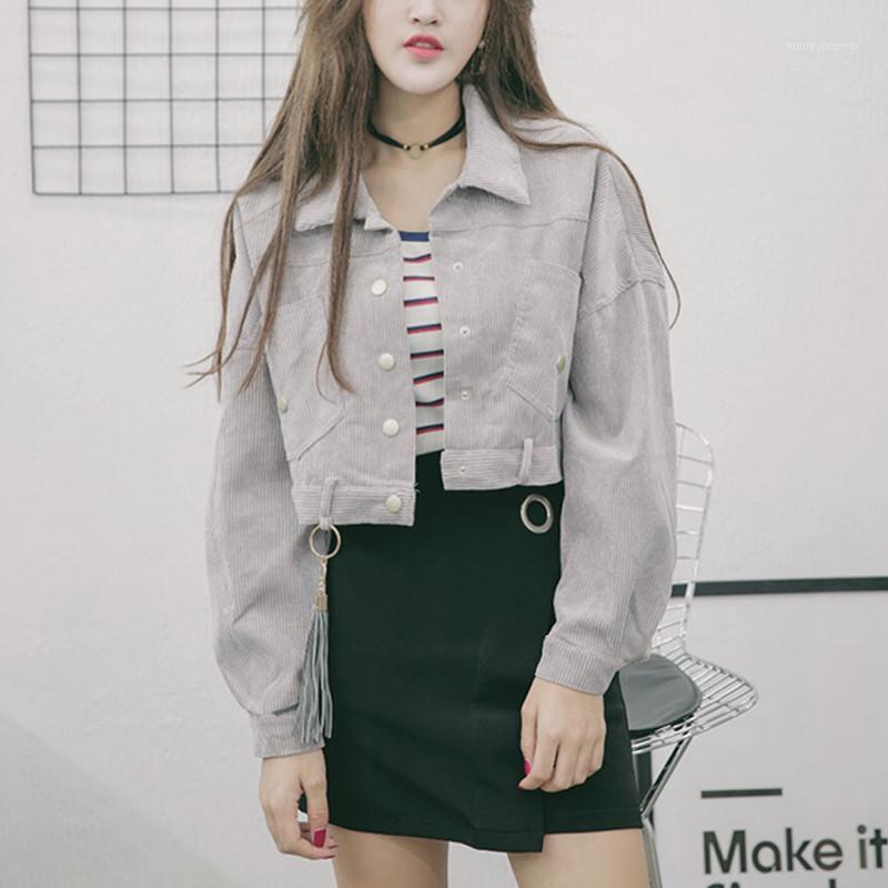 

Women Corduroy Jacket Short Fashion Pocket Winter Autumn Coat Outerwear Button Tassel Black Gray Blue Jacket1