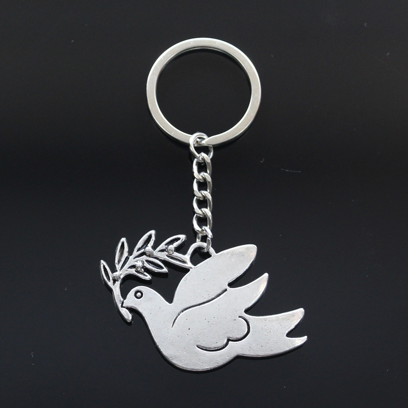 

New Keychain 38x56mm Peace Dove with Olive Pendants Diy Men Car Key Chain Ring Holder Keyring Souvenir Jewelry Gift, Silver