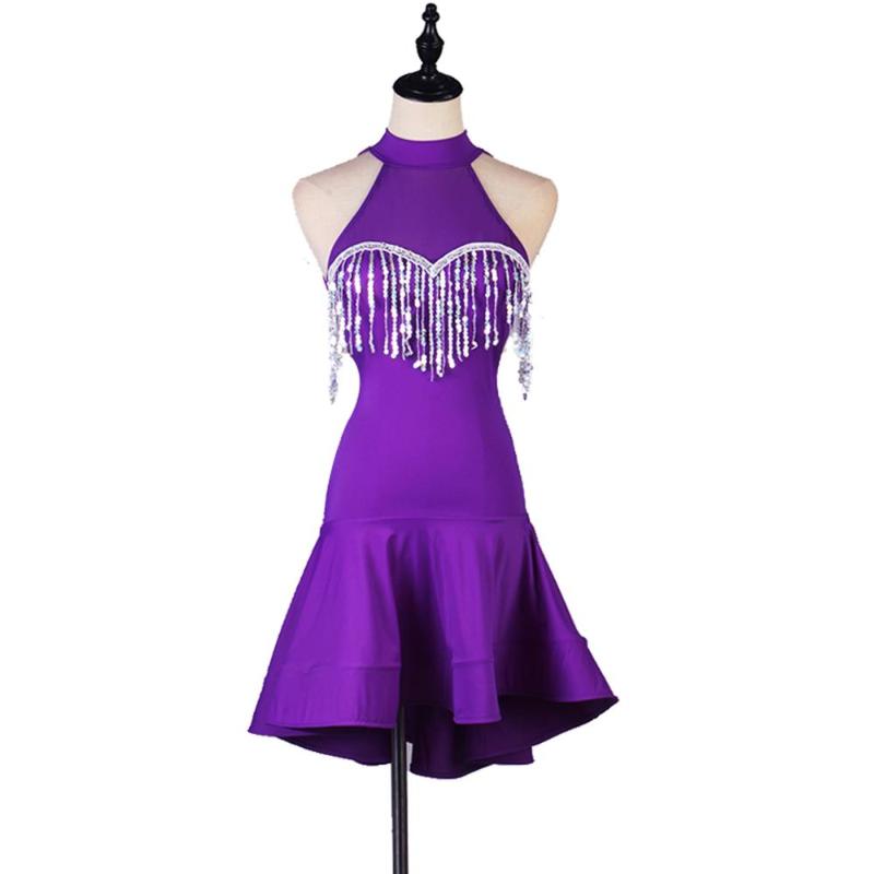

Sequin Performance Competition Tassel Latin Dance Dress Three-step Square Dance Dress, Purple