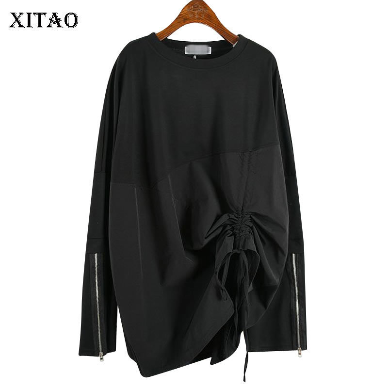 

XITAO Splice Pleated Plus Size T Shirt Women Harajuku Zipper Long Sleeve Top Women Leisure Tshirt Fashion Autumn New WLD2857 201125, White wld2857