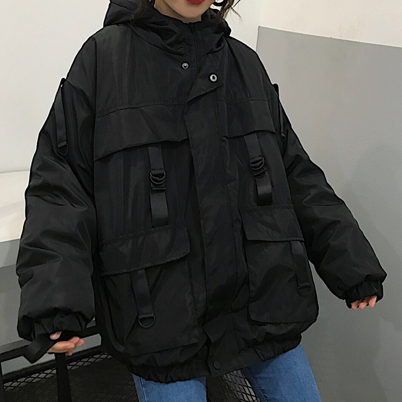 

Harajuku hip-hop carga parkas inverno 2020 coreano engrossar com capuz outono novo preto streetwear bf estilo solto casaco outwear 60AP, Black