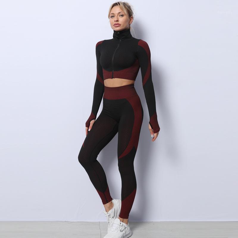 

Seamles Yoga Set 2 Piece Long Sleeve Zipper Women Gym Clothing Sports Leggings And Top FItness Suit Workout Clothes For Women1, Black