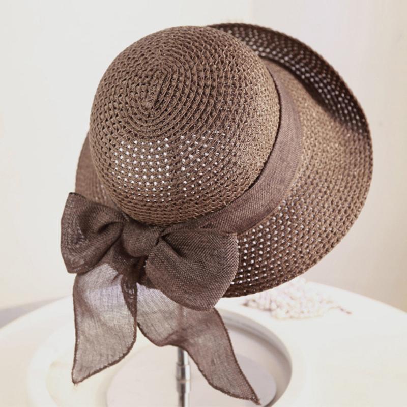 

Women Summer Head Wear Straw Hat Flat Elegant Bow Wide Brim Gift Folding Seaside Sun Protection Beach Korean Style, Beige