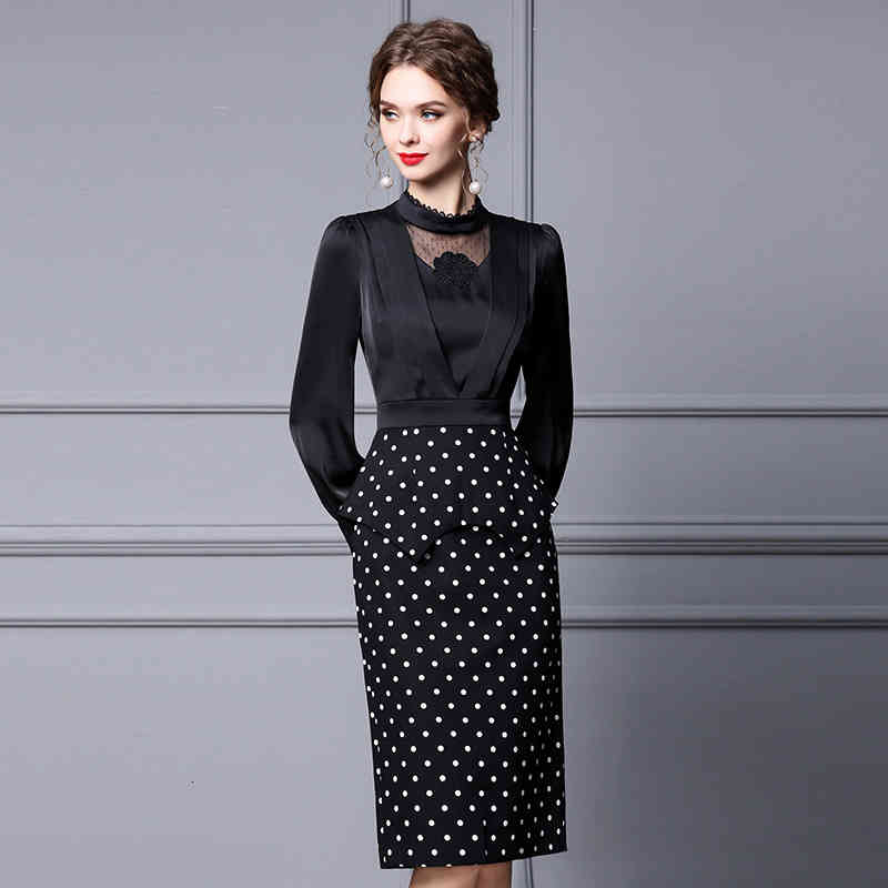 

Casual Dresses Zhili Hepburn temperament dress autumn high sense wave point long sleeve medium and thin skirt TRP0, Black