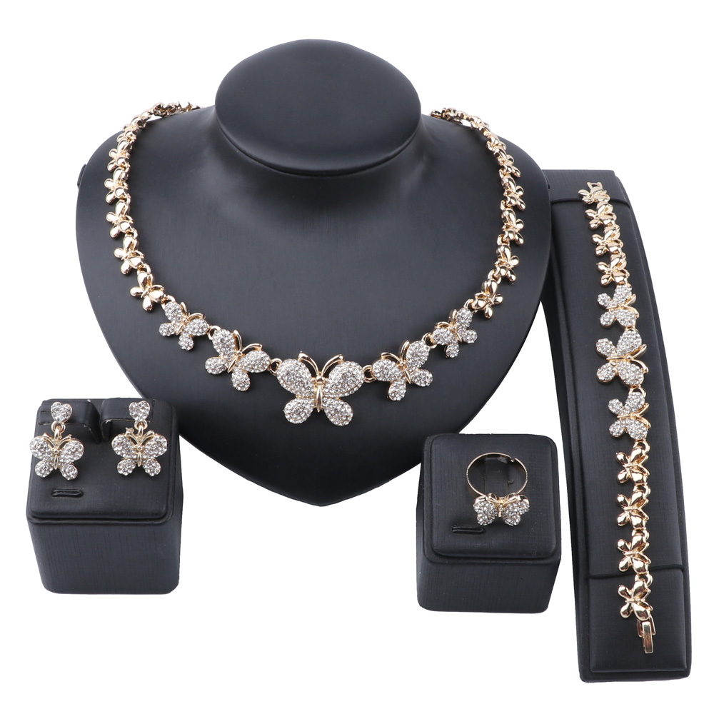 

Fashion Butterfly Necklace Gold Color Crystal Party Engagement Anniversary Wedding Earring Ring Jewelry Sets Gifts For Women
