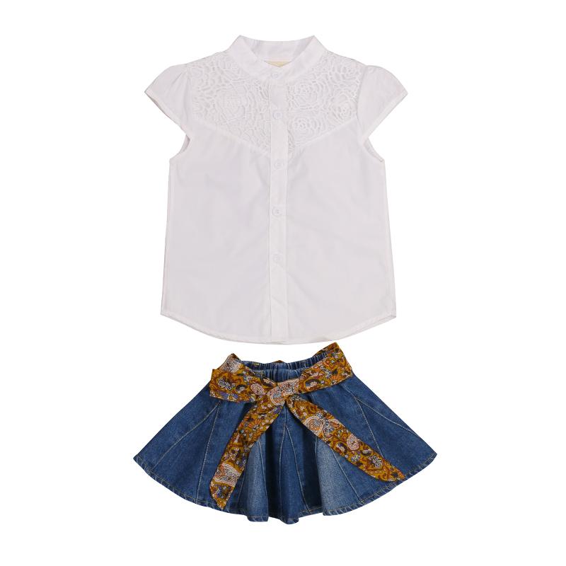 

Clothing Sets Kids Girls Clothes Set Toddler Summer Lace Short Sleeve Shirt Top+Denim Skirt 2PCS Outfit Children, White