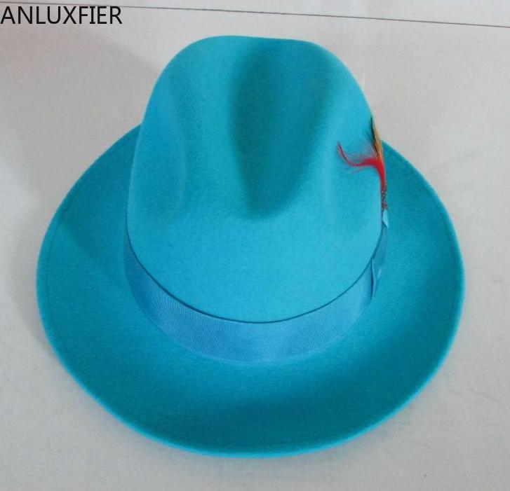 

B-8119 Men's Fashion Fedoras Wool Cap Male Lake Blue Jazz Wool Cap Classic Light Blue Felt Fedora Hat Godfather Hat Cowboy
