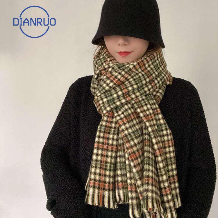 

DIANRUO 2021 Tretro Cashmere Scarf Women Shawl Brown Classic Plaid Blanket Tassel Cape Warm Winter Scarves Ladies R605