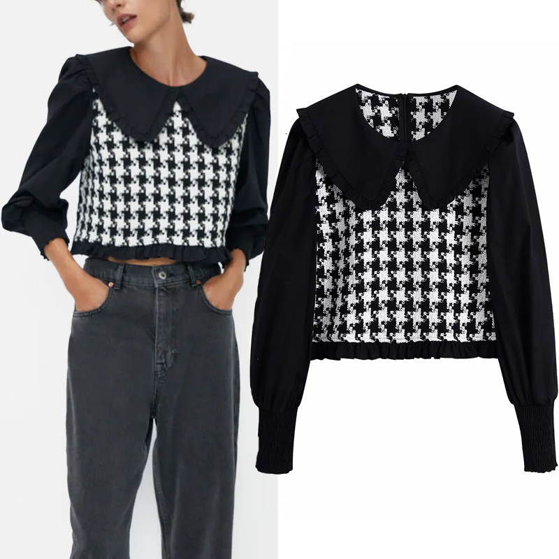 

2021 New Black Houndstooth Plaid Crop Top Women Peter Pan Collar Long Puff Sleeve Patchwork Ruffle Blouse Vintage Ladies Tops Eppv