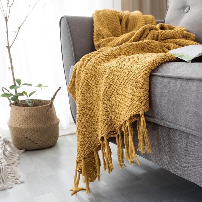 

Yellow Sofa Knit Throw Blanket with Tassels Office Nap Air-conditioning Thread Blanket for Bed Sofa Chair Bedding Coverlet1