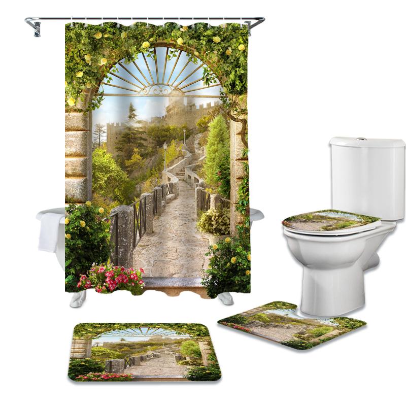 

Bathroom Shower Curtain and Rug Sets Italy Ancient Arch Garden Toilet Lid Cover Bath Mat Waterproof Shower Curtains Set