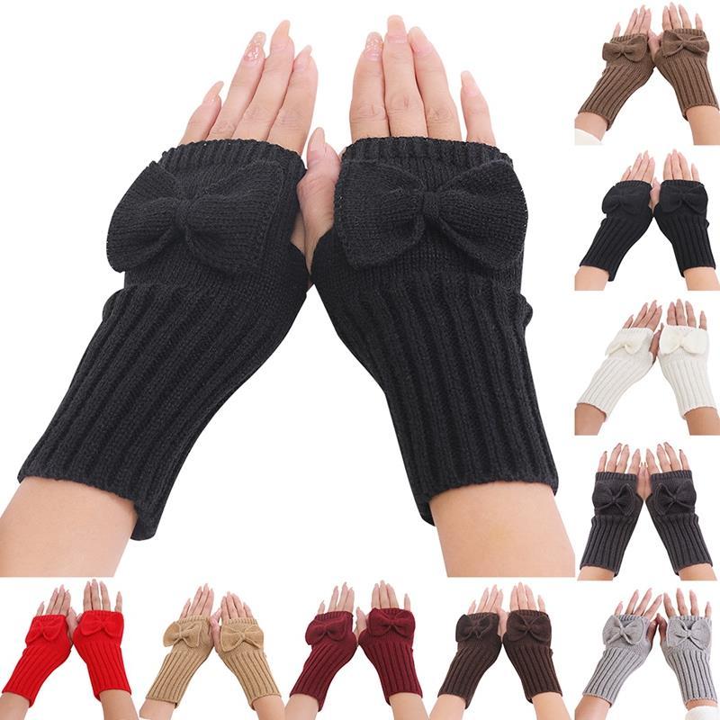 

1pc Women Girls Solid Color Thumb Hole Fingerless Gloves Warm Winter Bow Decor Knit Gloves Clothing Accessories For Winter