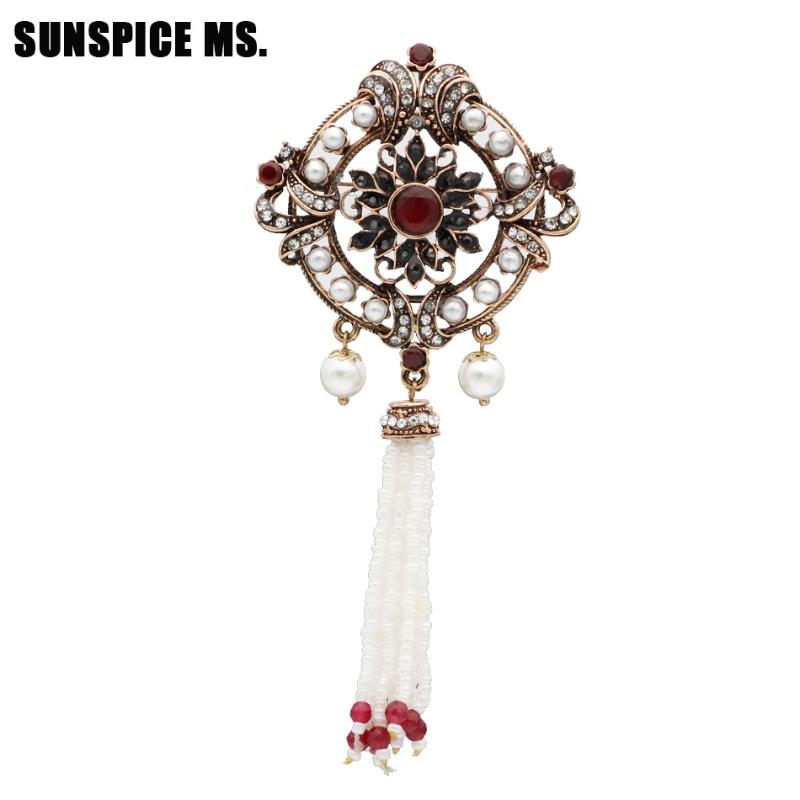 

Pins, Brooches Retro Festival Gift Turkish Women Hollow Flower Bead Tassels Vintage Brooch Jewelry Antique Gold Color Resin Wedding Corsage