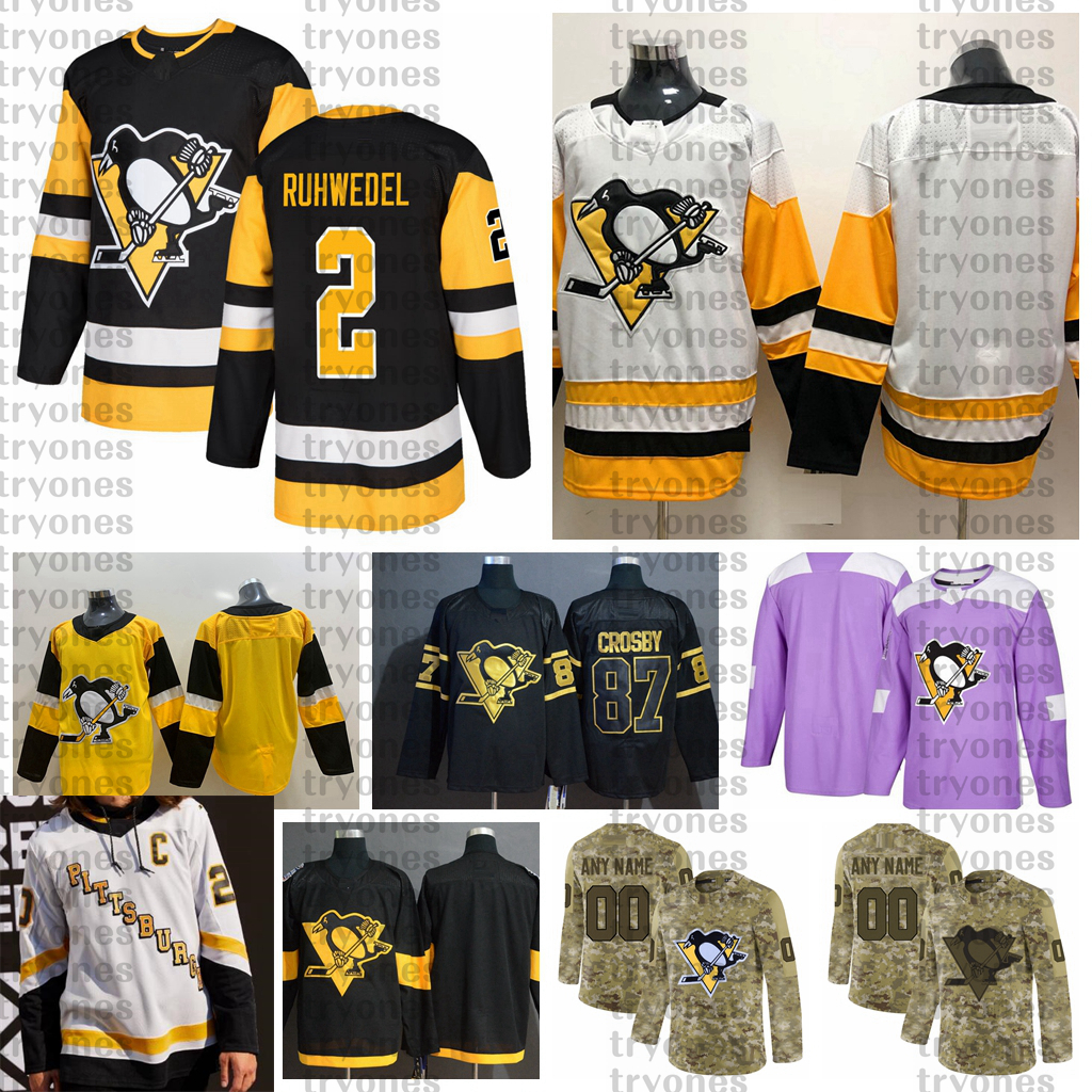 

2021 Reverse Retro Customize #2 Chad Ruhwedel Pittsburgh Penguins Jerseys Golden Edition Camo Veterans Day Fights Cancer Hockey Jersey, Gold