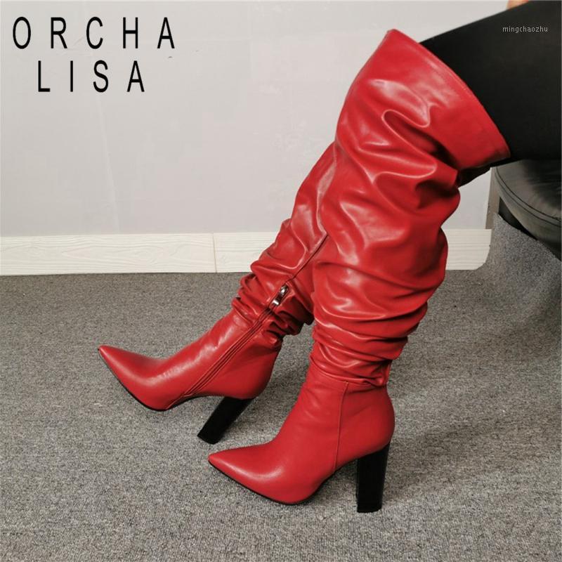 

ORCHA LISA Women over the knee boots Pointed toe Sexy Zipper High heels Pleated Autumn winter Female shoes Solid Casual C21041, Red