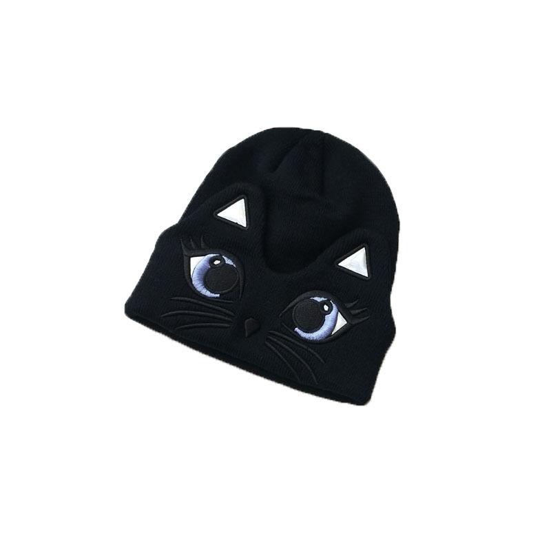 

Embroidered Cartoon Cat Big Eyes knit warm hat women beanies caps winter Adult woolen hats, White