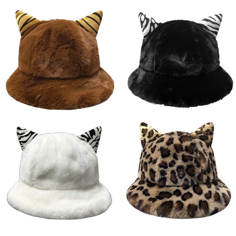 

Women Winter Thicken Fuzzy Plush Dome Bucket Hat Korean Cute Cartoon Cat Ears Leopard Solid Color Warm Fisherman Cap, Black