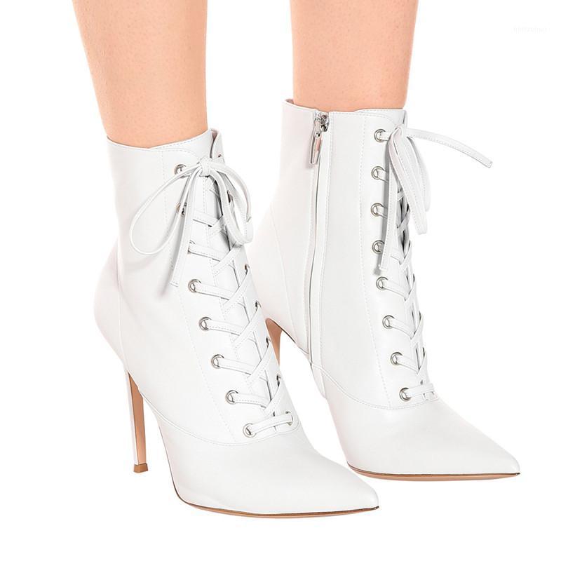 

Ladies High Heeled Boots Lace Up Leather Boots Pointed Toe Ankle Zipper Closure1, Black