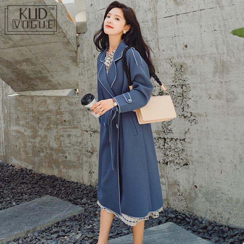 

Female Long Coat Autumn Women' Casual Trench Coat Plus Size Overcoat Outerwear Loose Clothes Vintage Double Breasted Raincoat, Blue