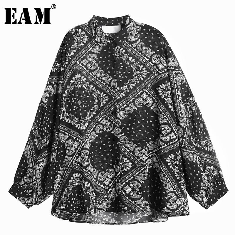 

EAM] Women Black Patten Printed Big Size Blouse New Lapel Long Sleeve Loose Fit Shirt Fashion Tide Spring Autumn 2021 1Y860