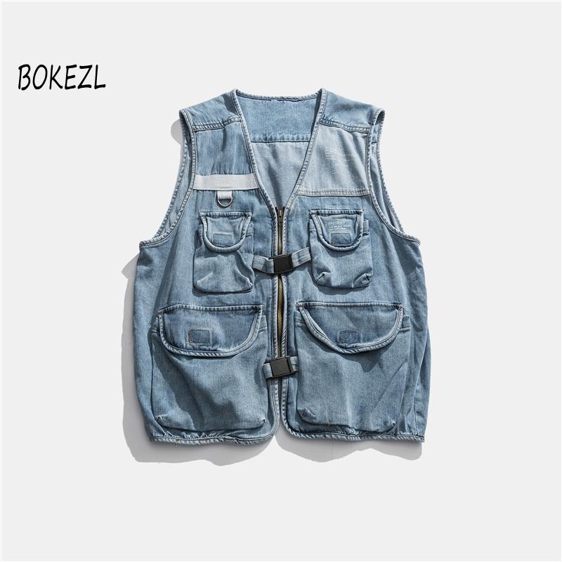

BOKEZL Denim Jean Vest Men Multiple Pockets Hip Hop Vests Zipper Streetwear Skateboard Sleeveless Winter Casual Jackets Coats, Blue