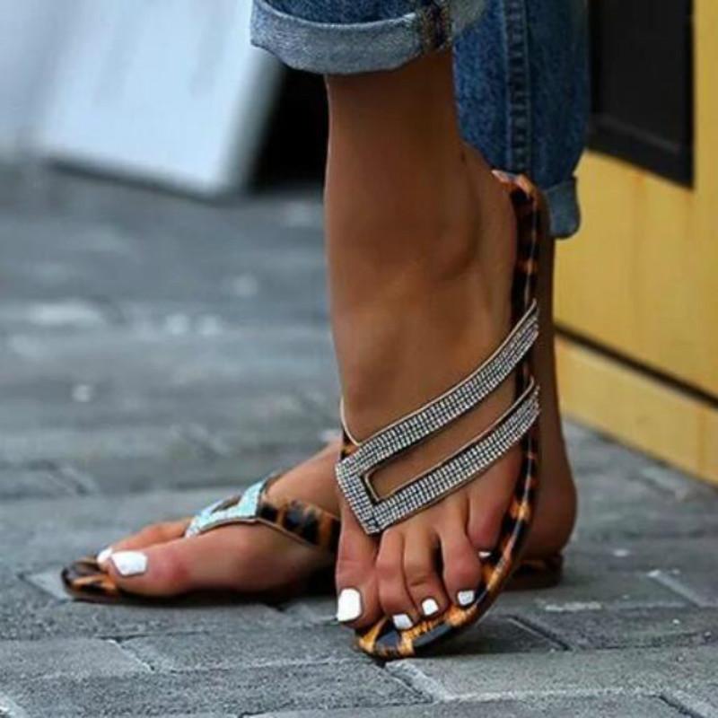 

Fashion Sexy Women Flip Flops Summer Slippers Leopard Print Roman Rhinestone Wild Outdoor Female Beach Shoes Seaside Slippers, Blue