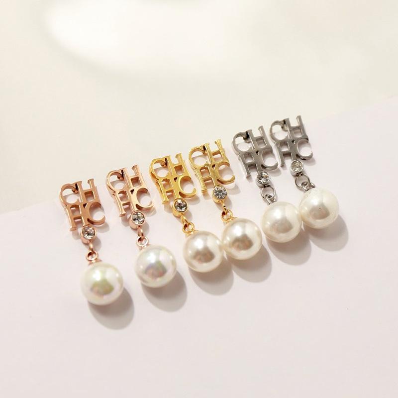 

Top Quality Rose Gold Plated Stainless Steel CHC Letter Pearl Dangle Earrings For Women Brand Jewelry
