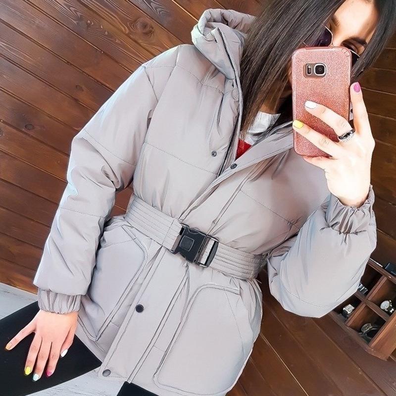 

Light Reflective Jacket Women Winter Parkas 2021 Hooded Warm Coat with Belt Trend Fashion Female Clothing Gray Doudoune Femme, Short coat
