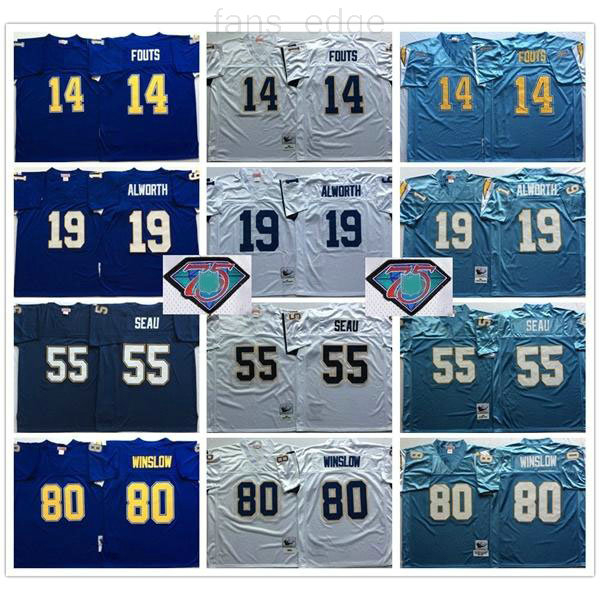 

NCAA Vintage Retro #55 Junior Seau Jersey 14 Dan Fouts 19 Lance Alworth 80 Kellen Winslow Mens Blue White Football Jerseys 75th Patch, As picture