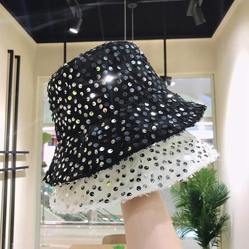 

1Pc Fashion Hat with Sequins Fisherman Hat Summer Breathable Basin Shape Sun Black