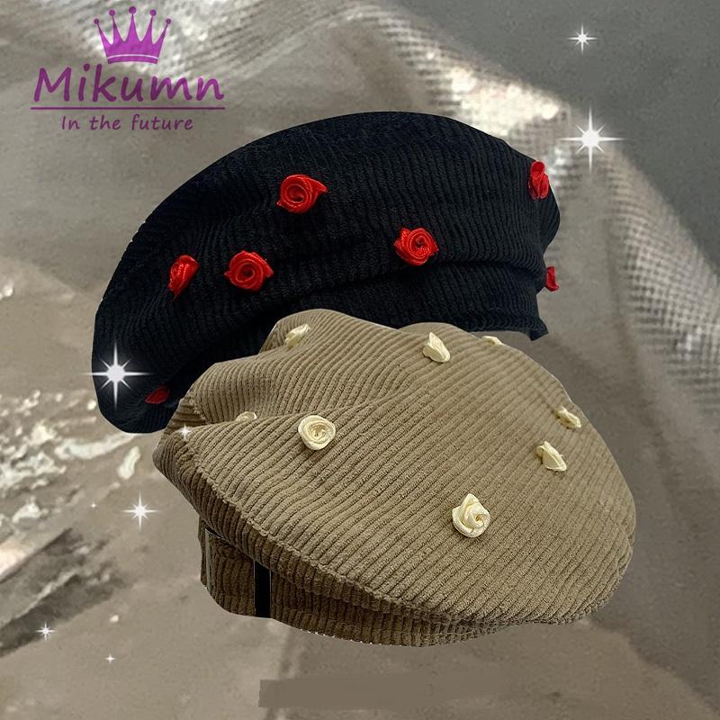 

Japanese Harajuku Rose Vintage Corduroy Beret Hats For Women Girl's Punk Chic Streetwear, Black