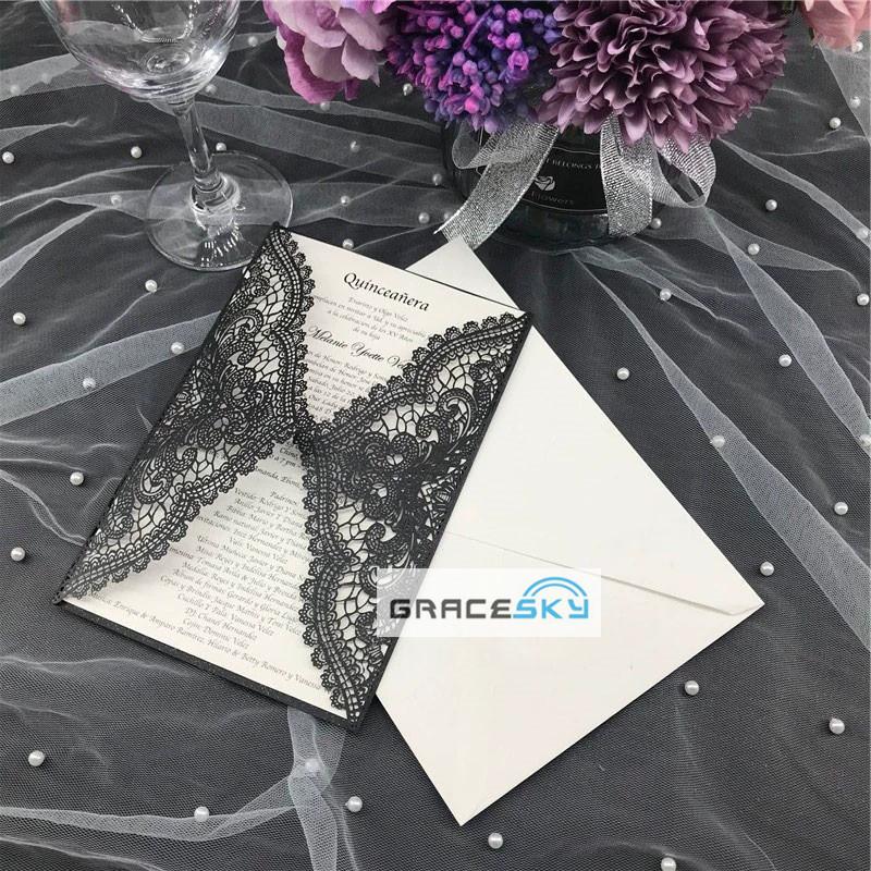 

25pcs Laser Cut Birthday Wedding Invitations cards European style Lace design with text customized, gold white black 25 colors