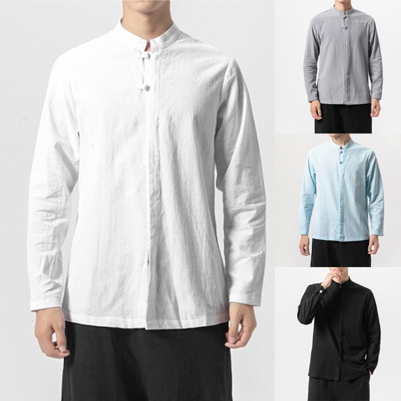 

2019 Men Casual Shirts Autumn New Fashion Men's plain cotton and linen shirt with long sleeves and a stand-up collar Blous shirt1, Black