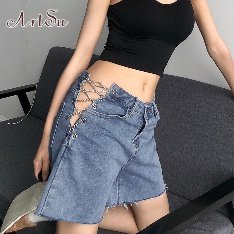 

Split Metal Chain Denim Shorts Women Sexy Hollow out High Waist Short Pants Korean Summer Blue Jeans Streetwear SH28006