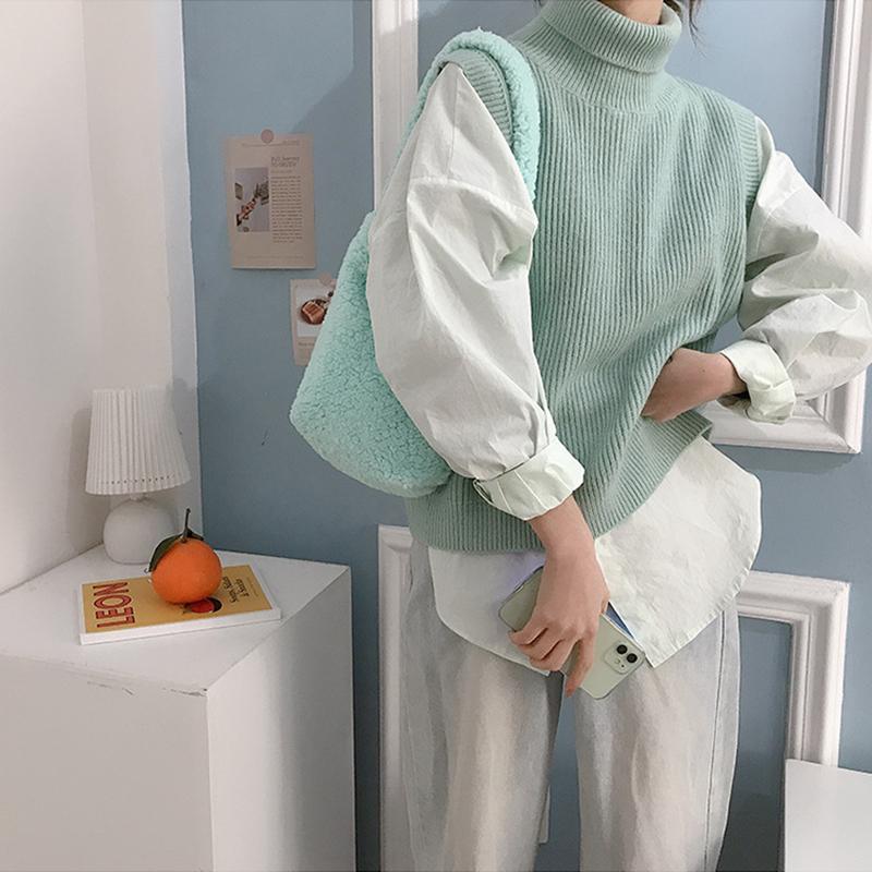 

Winter New Lambswool Shoulder Bag for Women Mint Green Plush Handbag Faux Fur Large Capacity Tote Female Messenger Bucket Bag