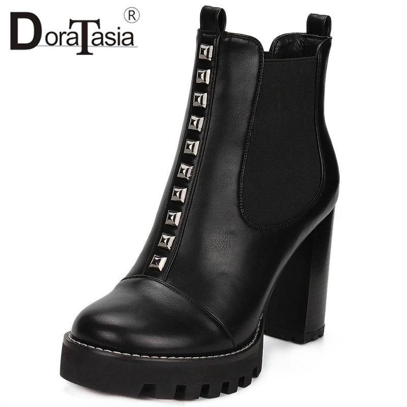 

DORATASIA 2020 New Large Size 35-41 Elastic Band Ankle Boots Woman Shoes Square High Heels Platform Shoes Woman Boots Female, Black