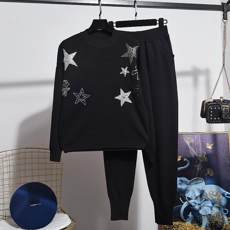 

Autumn Winter New Sweater Set Women Sequins Tassels Star Loose Long Sleeve Knit Sweater + Casual Pants Two Piece Set Women Tide, Black