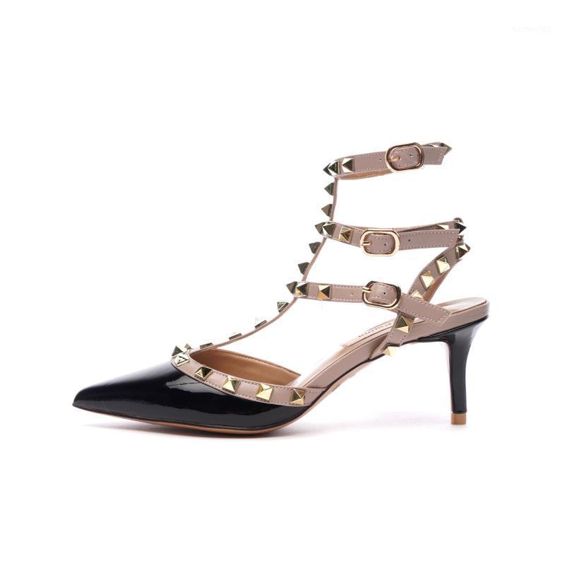 

Black Patent Leather Gold Studs Women Sandals Pointed Toe Medium Heels1, As pic