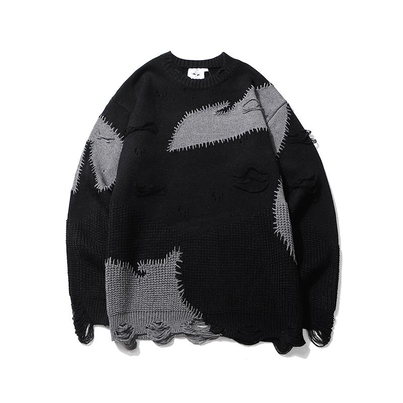 

Harajuku Color Block Hole Frayed Mens Sweater O Neck Oversize Wool Streetwear Sweaters Pullover Baggy Hip Hop Couple Clothing, Black
