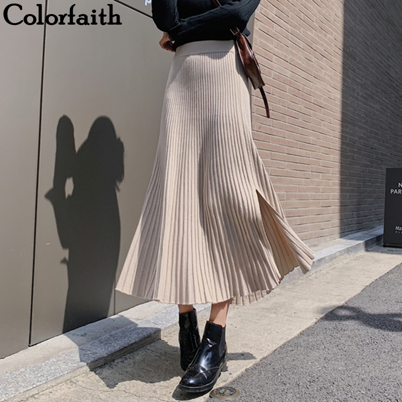 

Colorfaith New Autumn Winter Women Warm Knitted Skirts Split Ladies Package Hip High Waist Casual Fashion Midi SK7031 Y200326, Gray