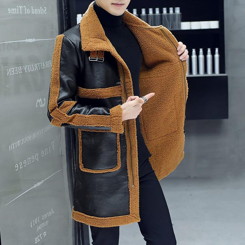 Men's Winter Mid-length Leather Coat Plus Velvet Thick Leather Cotton Linen Jacket Slim Fashion Stand-up Collar Cotton Jacket