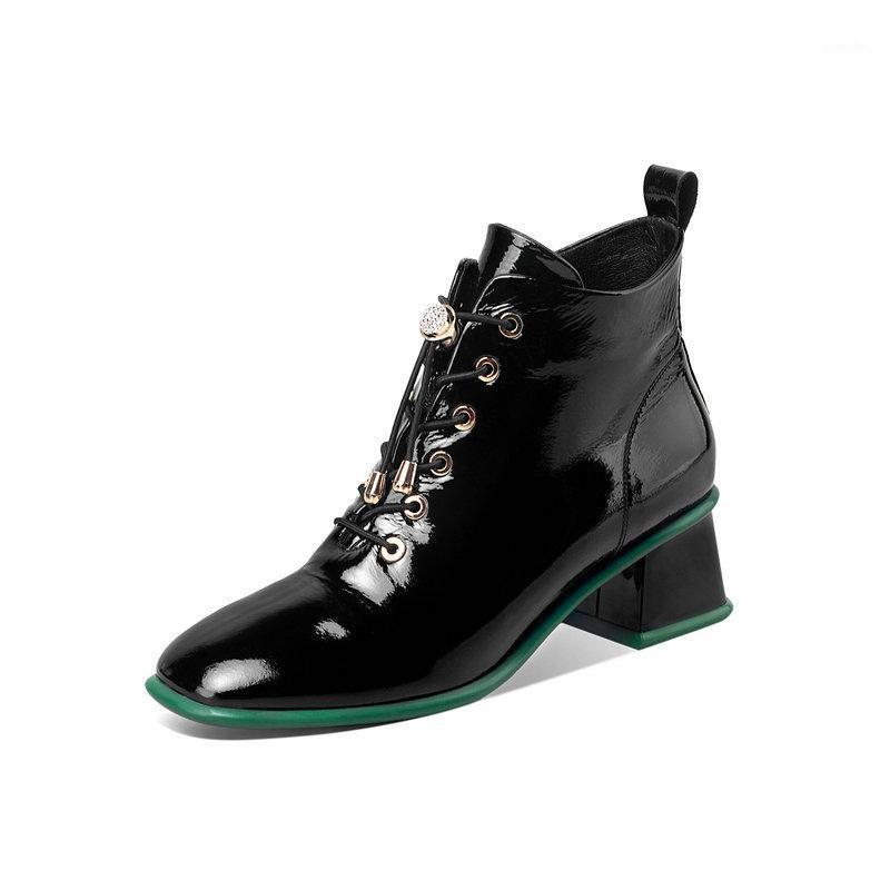 

Elegant cow leather Office Lady Boots 3cm low heels Shoes Woman boots square Toe Ankle 2020 Winter Newest Casual shoes1, Patent beige