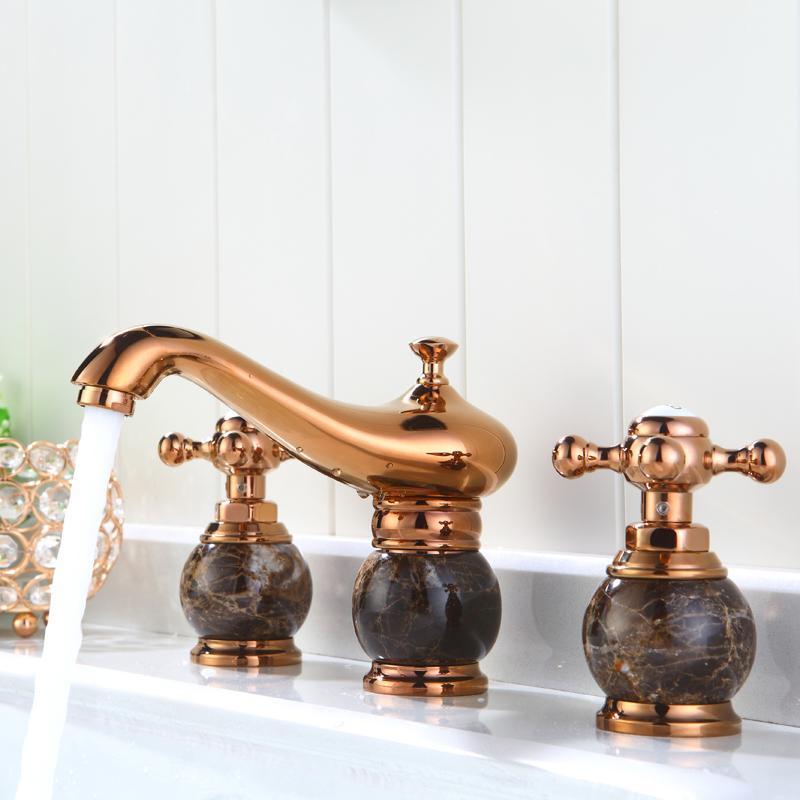 

Luxury Rose gold solid Brass Marble bathroom sink faucet European style art Double handle three holes basin mixer faucet1