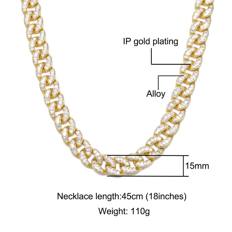 

Chains Hip Hop 15MM Iced Out Baguette Cuban Chain Paved Rhinestones CZ Bling Prong Rapper Necklaces Bracelet For Men Women Jewelry, Silver