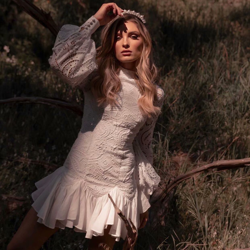 

Sexy Embroidered Flowers Cut Buttons Long Sleeves Solid Color Fine Fishtail White Tail Mini Dress Spring and Summer V820