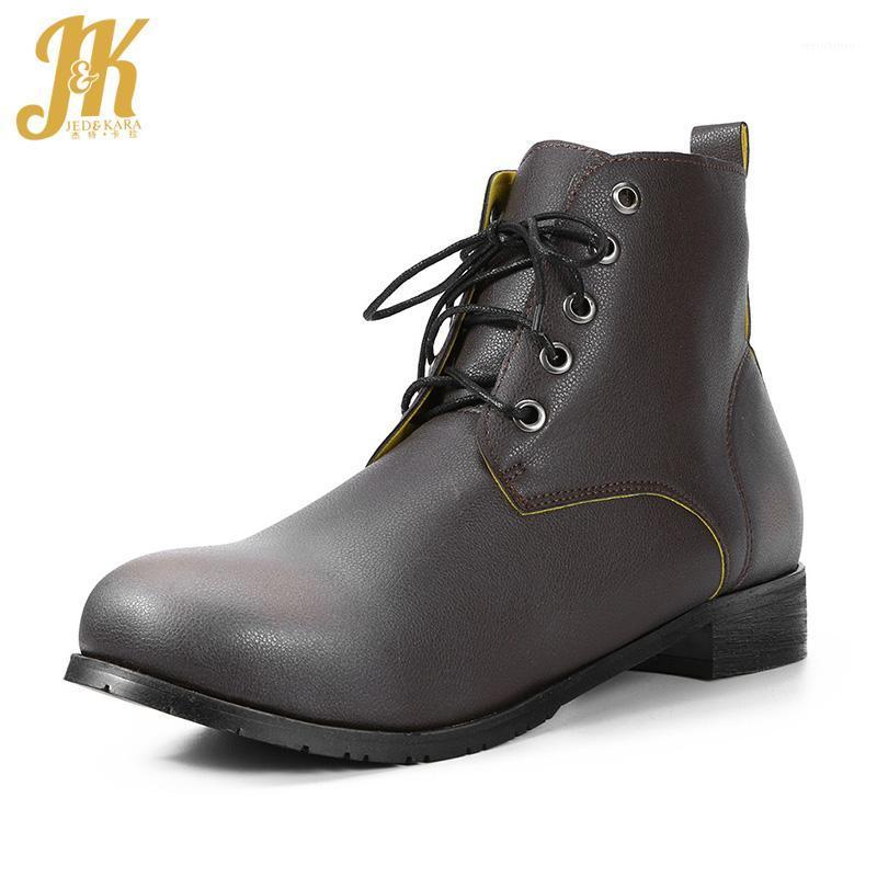 

JK Cowboy Boots Women Thick Heels Ankle Booties Ladies Round Toe Shoes Female Casual Shoes Lace Up Winter Plus Size 481, Brown