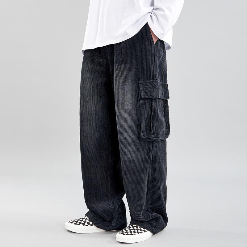 

Corduroy Trousers Mens Old School Multi-pocket Cargo Pants Men Casual Thick Baggy Straight Elasticated-waist Wide-Leg Black Pant